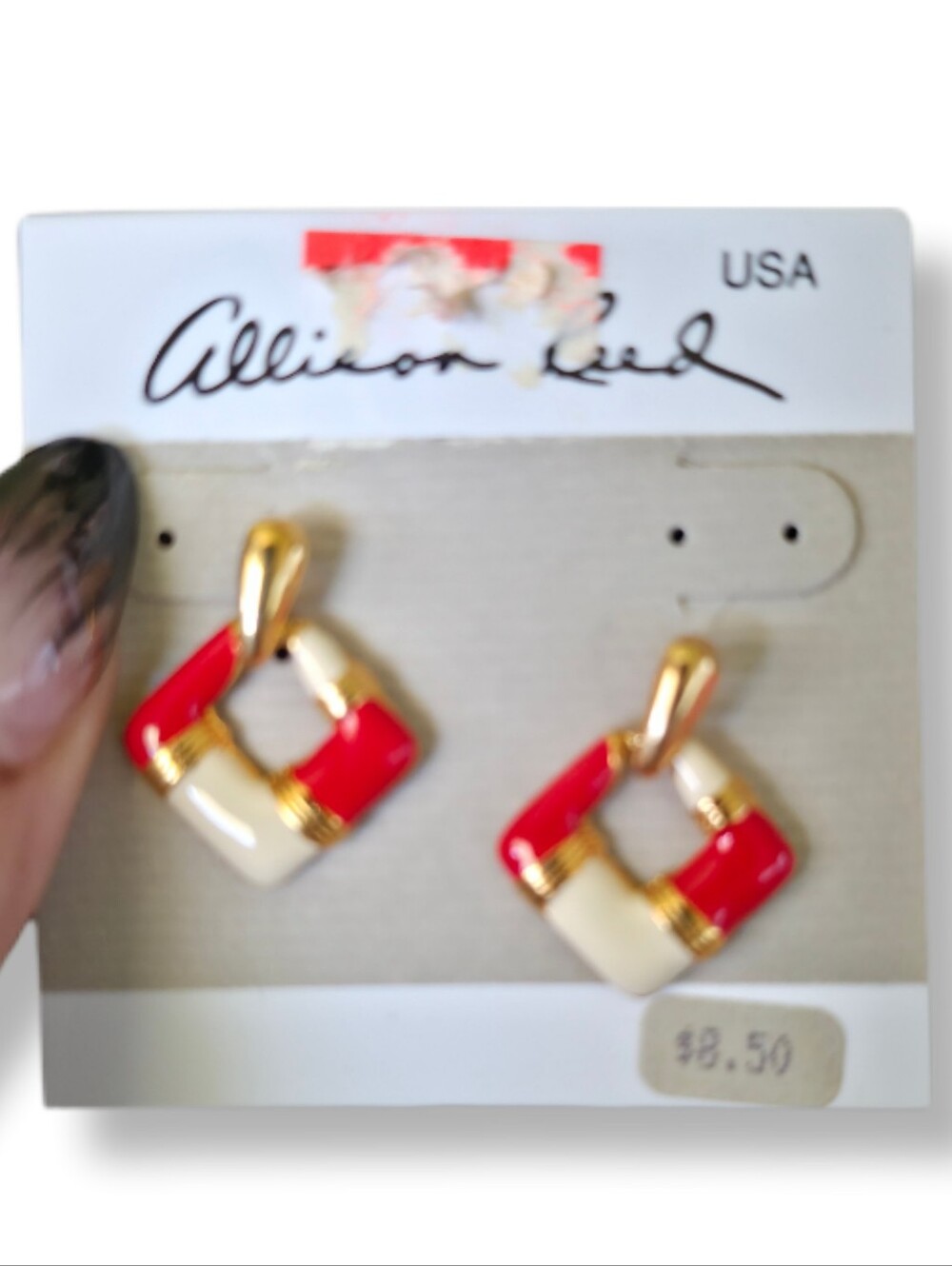 Allison Reed Red & Cream Gold Enamel 80's Vintage Hoop Earrings Retro Office
